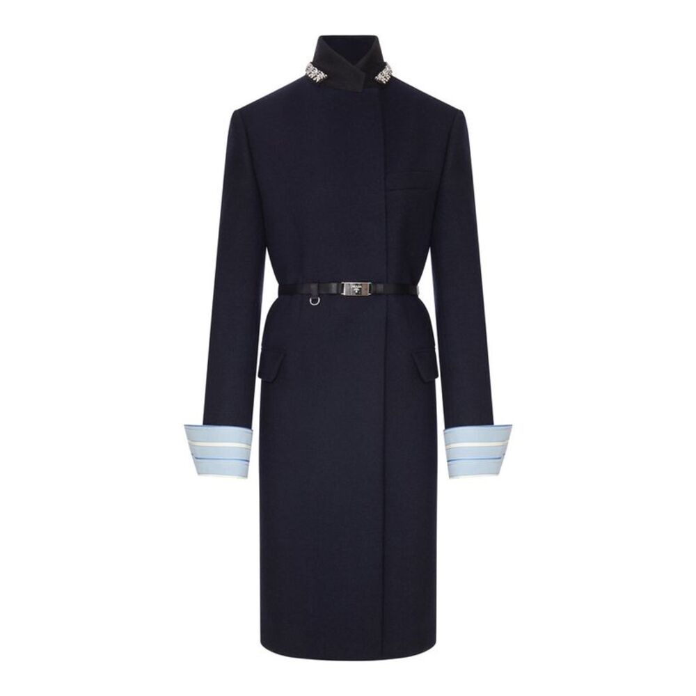 Prada Women Long Wool Coat With Belt And Jewel Collar